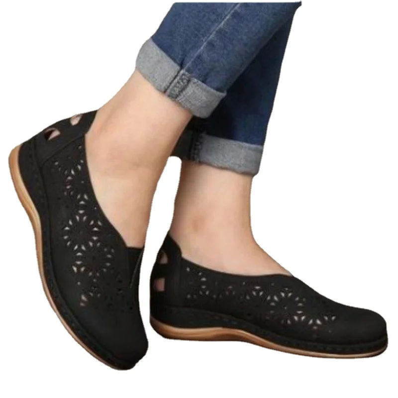 New Woman PU Leather Female Hollow Wedges Platform Sandals Vintage Shoes Women Summer Slip on Retro Moccasins Sandals