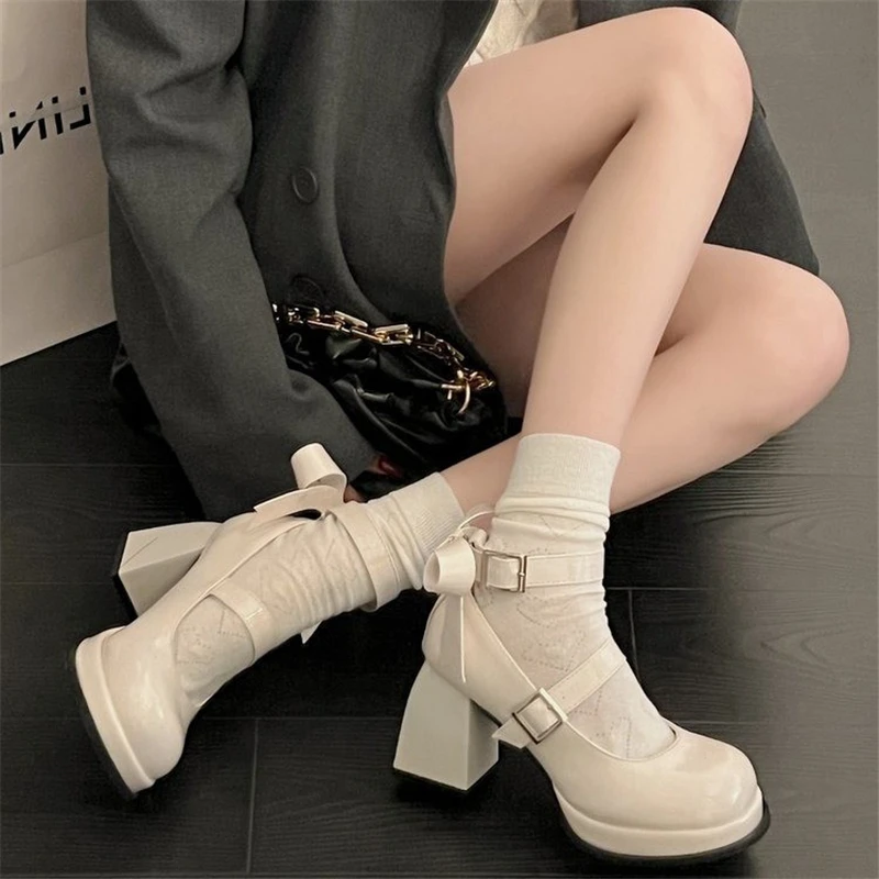Summer Women Pumps Butterfly-knot Solid Casual Shoes With Party High Heels For Female Lolita Shoes Retro Shoes size 35-39 4
