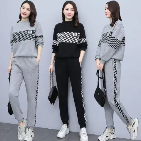 Autumn Winter Women Clothing Sets O-neck Sweatshirts+Harem Pants 2Pcs Suits Plaid Female Casual Tracksuit Fashion Streetwear cartoon embroidered jeans women 2023 spring autumn thin elastic waist loose elastic fashion cropped pants harem pants female