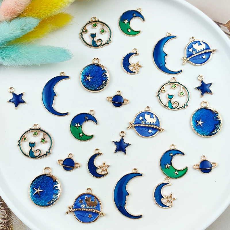 

10pcs Gold Plated Enamel Cat Moon Star Celestial Charm Pendant DIY for Earrings Necklace Bracelet Jewelry Making and Crafting