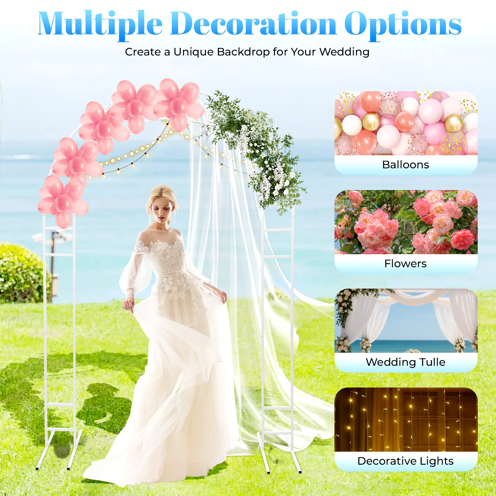 7,2 Fuß Metall-Hochzeitsbogen, Ballonbogen-Hintergrundbogenständer für Hochzeit, Braut, Garten, Hof, Party-Dekoration im Innen- und Außenbereich – Detail 3