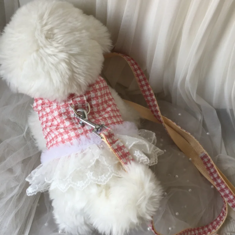 

Dog Cat Harness Leash Set Classic Plaid Lace Dress Pet Harness Vest Puppy Small Dog Skirt Clothes Chihuahua Pet Supplies