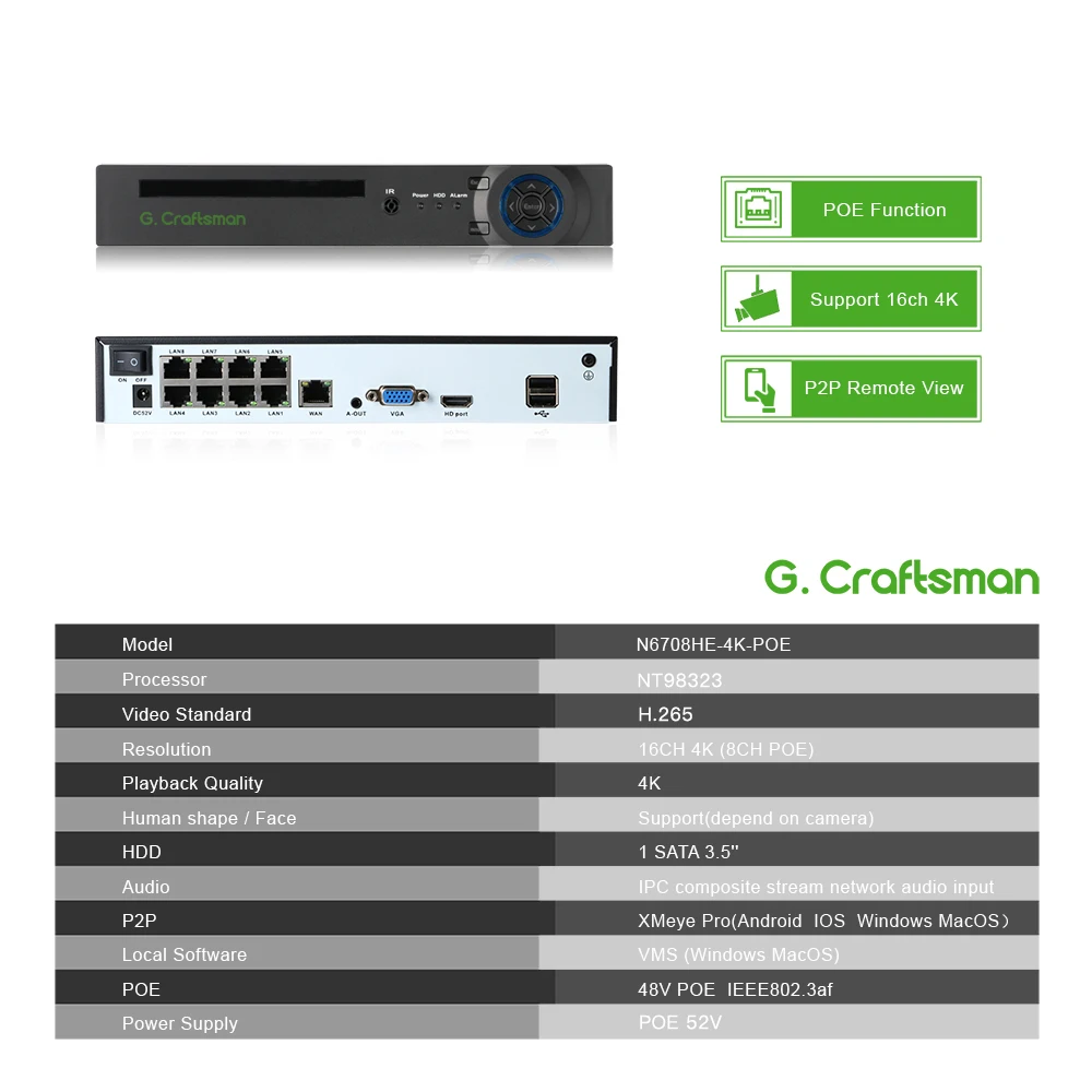 4K 8ch POE NVR Support 16ch 4K Network Video Recorder H.265X Onvif 1 HDD 24/7 Recording IP Camera Onvif P2P System ICSee XMeye network video recorder