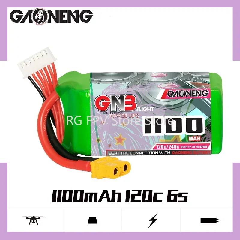 

Original Gaoneng GNB 6S 22.2V 1100MAH 120C Lipo Battery For FPV Light Weight New Model High C rate Rechargeable 6S 22.2V Battery