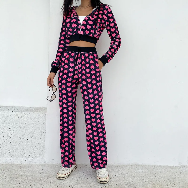 Love Heart Printed Y2k Hooded Sweatshirts Set Women Short Tops Long Pants Two Piece Set Hoodies Loose Casual Sweatshirts Suits