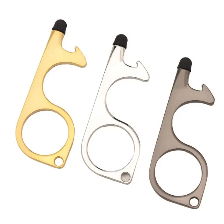 

Metal Safety Touchless Door Opener Stylus Key Hook metal Hands Free Door Handle Opener Tool Keychain with silicone head