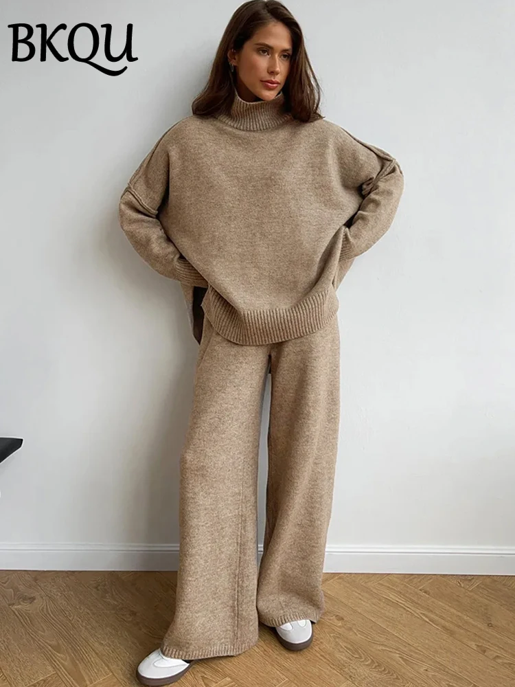 BKQU Knitted Sweater Two Piece Pants Set for Women Loose