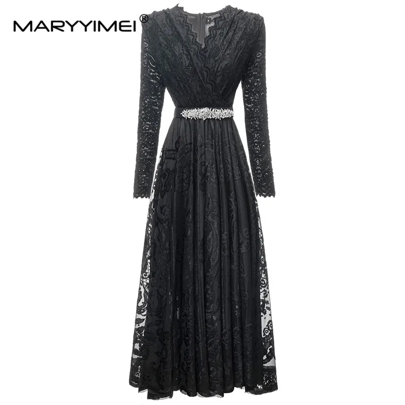

MARYYIMEI New Fashion Runway Designer Women's V-Neck Long Sleeve Detachable Belt Embed Beading Black Embroidered Vintage Dress
