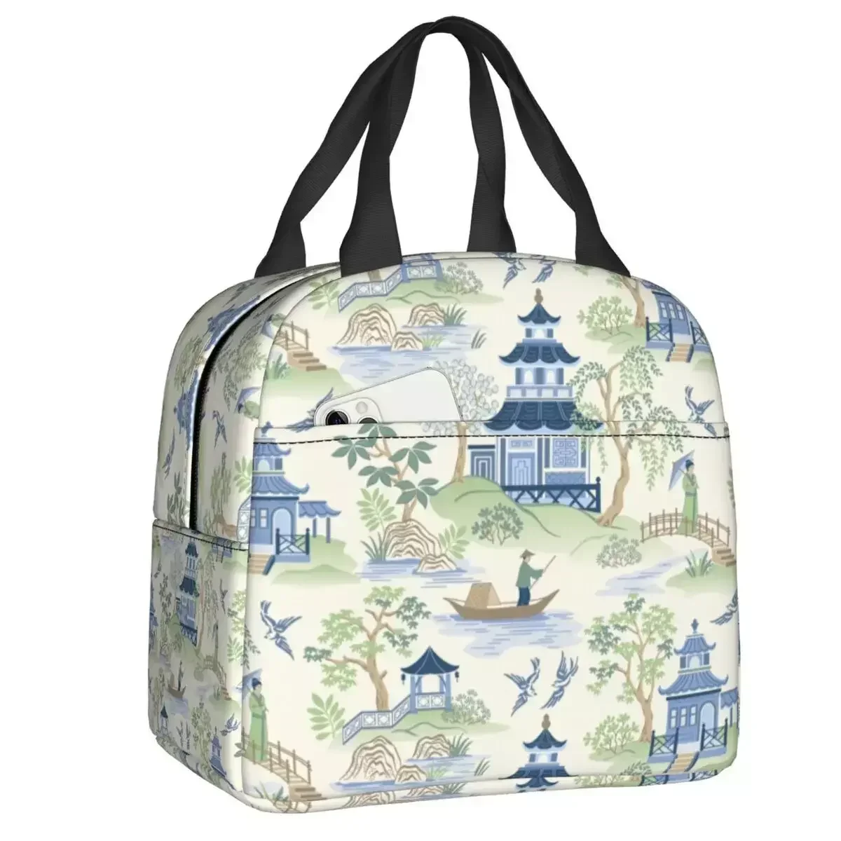 

Vintage Chinoiserie Willow Pagoda Insulated Lunch Bags Oriental Style Lunch Container For Outdoor Picnic Storage Food Box