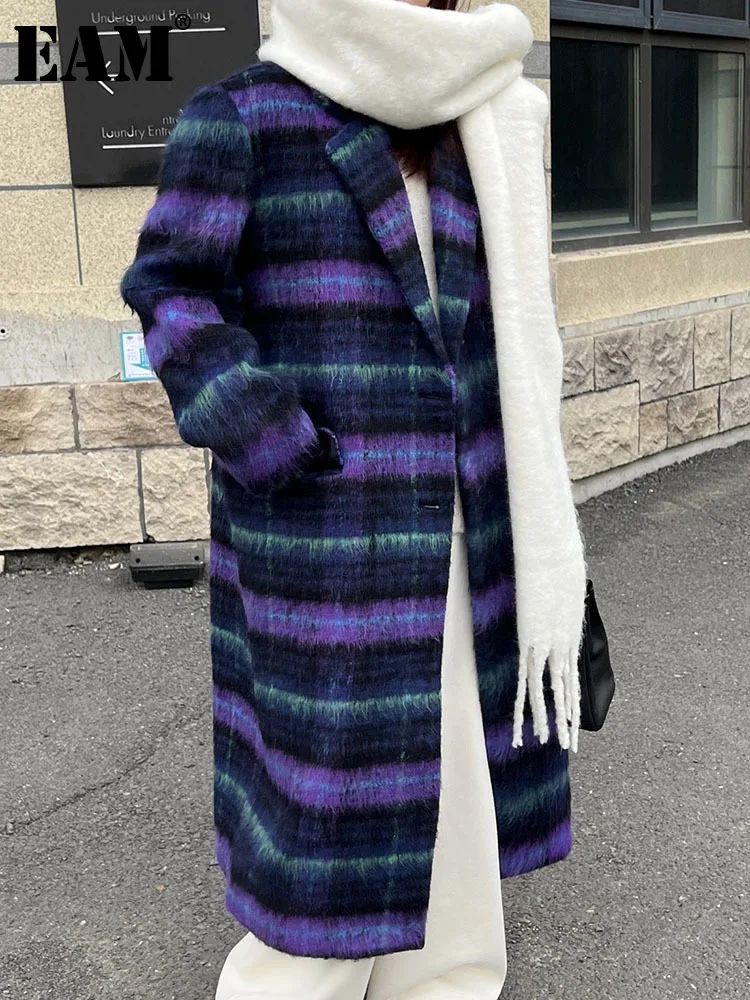 

[EAM] Loose Fit Purple Plaid Big Size Woolen Coat Parkas New Lapel Long Sleeve Women Fashion Tide Autumn Winter 2024 1DF3538