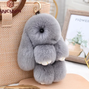 푹신하고 귀여운 토끼 18CM 진짜 모피 키 체인, 렉스 토끼 폼폼 선물 장난감 인형 여성 가방 펜던트 매력 자동차 열쇠 고리 금속 반지