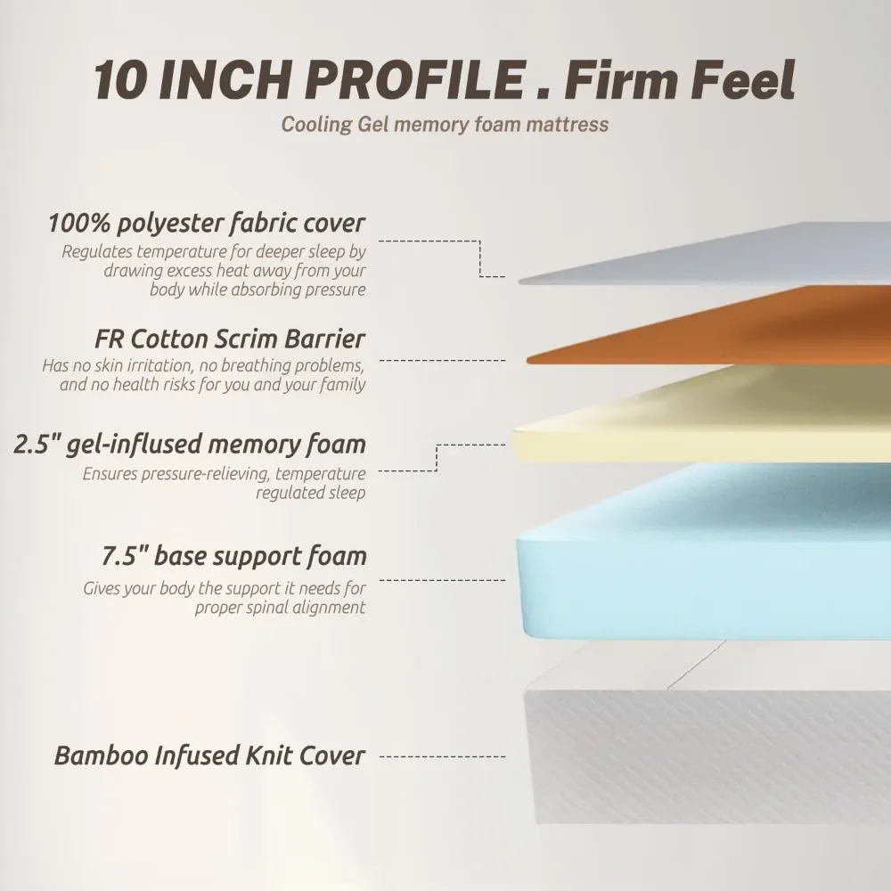 Full Size Mattress for Pressure Relief & Cooler Sleep, CertiPUR-US Certified, 10 Inch Medium-Firm Gel Memory Foam Mattress 3