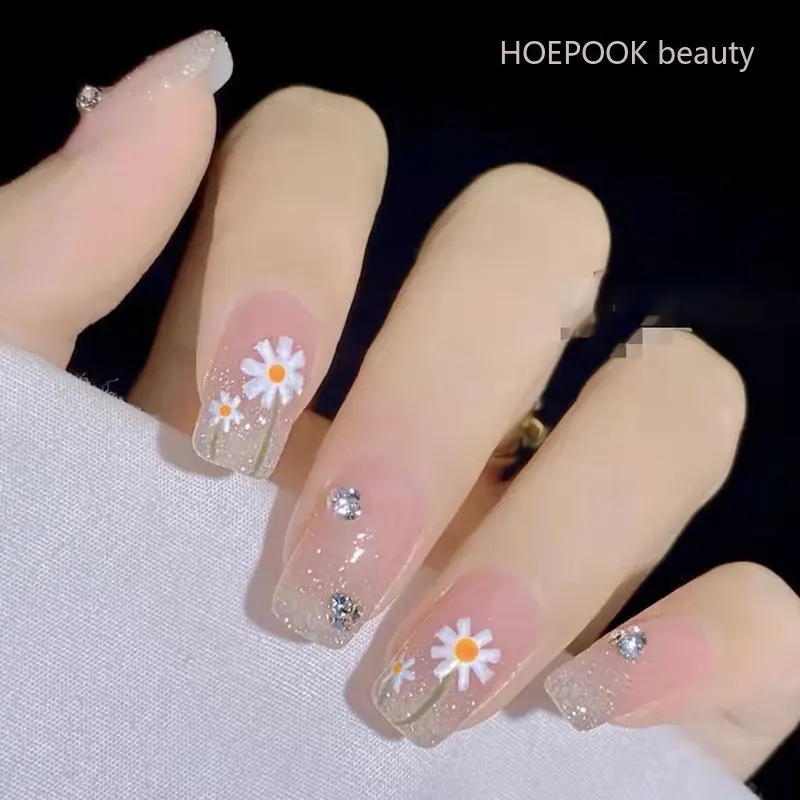 

24pcs Pink Flower Diamond Glitter Reusable False Nails Seamless Removable Full Cover Artificial Fake Nails Press On Nails Tips