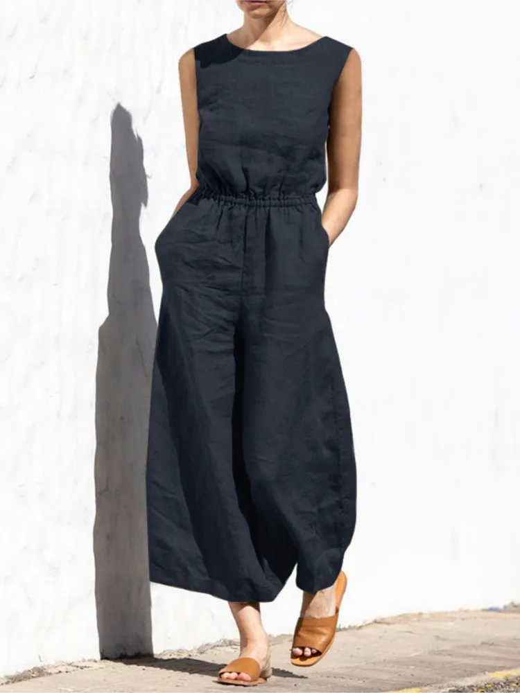 

Summer Black Fashion Jumpsuit Women Elegant Sleeveless Pocket High Waist Wide Legs Jumpsuits Casual Commuting Ladies Bodysuits