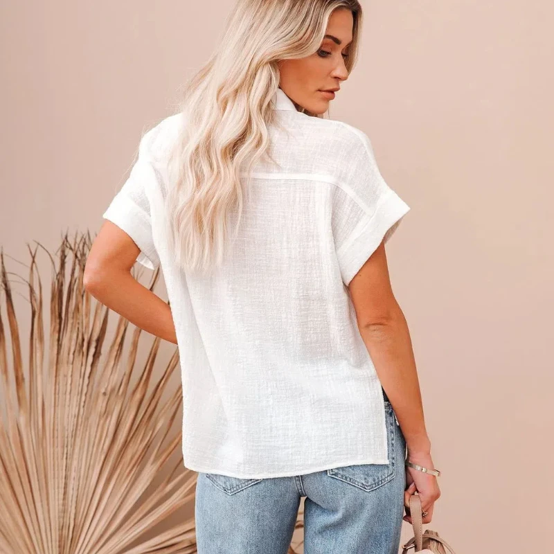 Stylish Solid Color Pocket Lapels Women's Short-sleeved Shirts Elegant Loose Lace-up Cardigans Single-breasted Casual Blouses