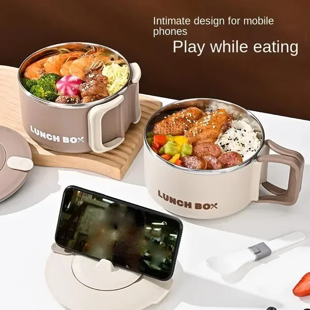 Boîte à déjeuner bol Ramen en acier inoxydable 304 avec couvercle, salade de fruits, riz, grande capacité, nouilles instantanées, bol à soupe, vaisselle de cuisine 2