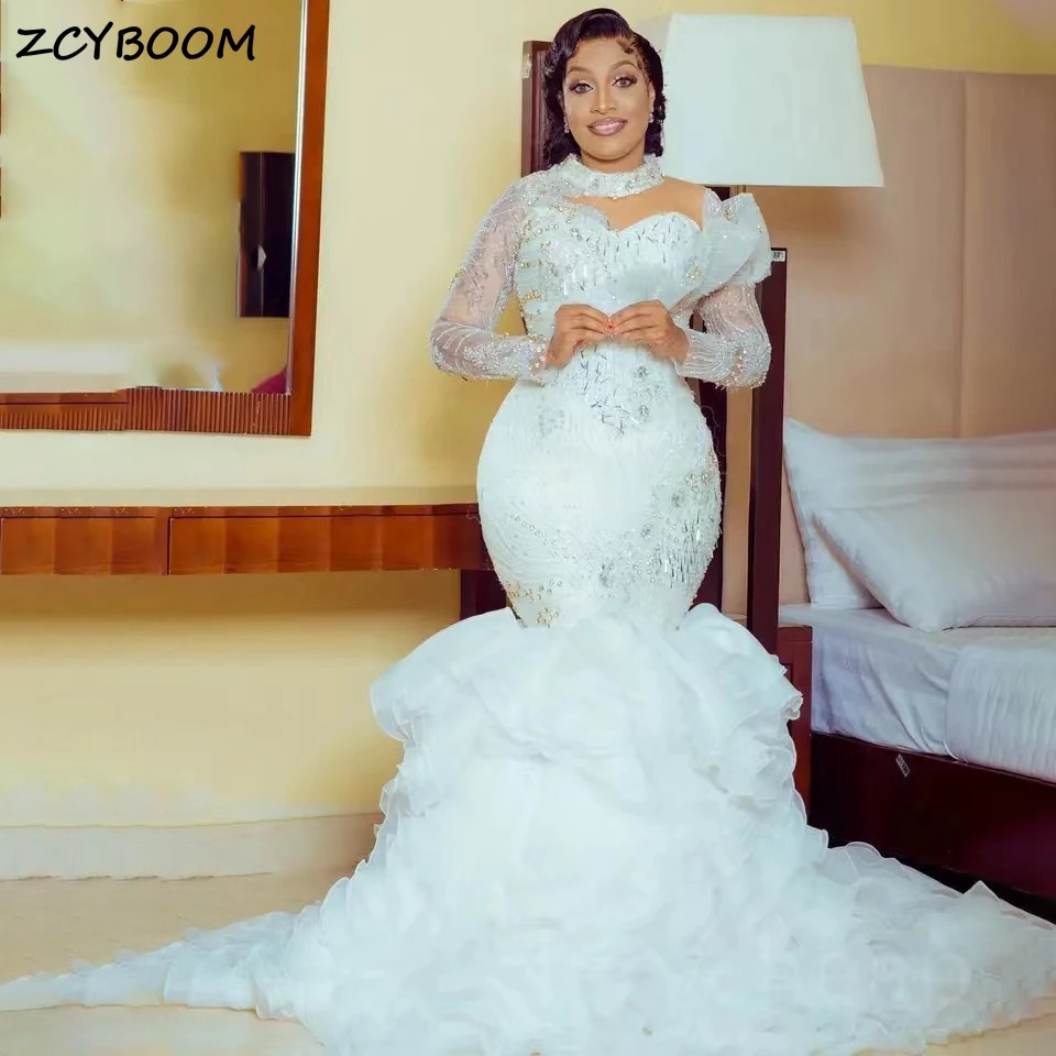 

Luxury Lace Appliques Halter Neck Beaded Ruffles Mermaid Wedding Dresses 2024 Court Train Tulle Bridal Gowns For African Women