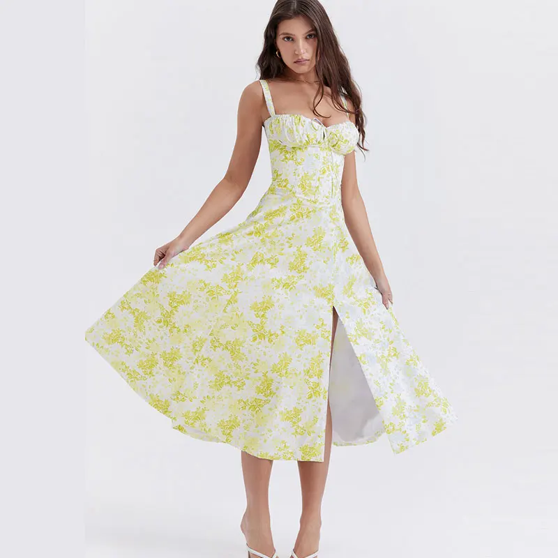 Robe à bretelles imprimée florale pour femmes, robe trapèze élégante, couleur unie, coupe couvertes, fente latérale, taille, été 2023 21