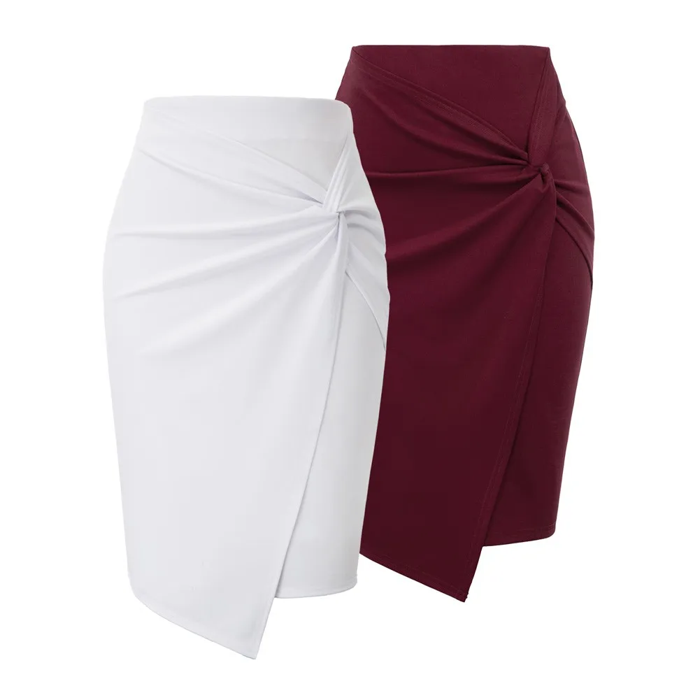 GK Women Asymmetrical Wrap Front Bodycon Skirt 2pcs-Pack Solid Color Slim Fit Knee-length Causal Office Lady Hip Wrap Skirt