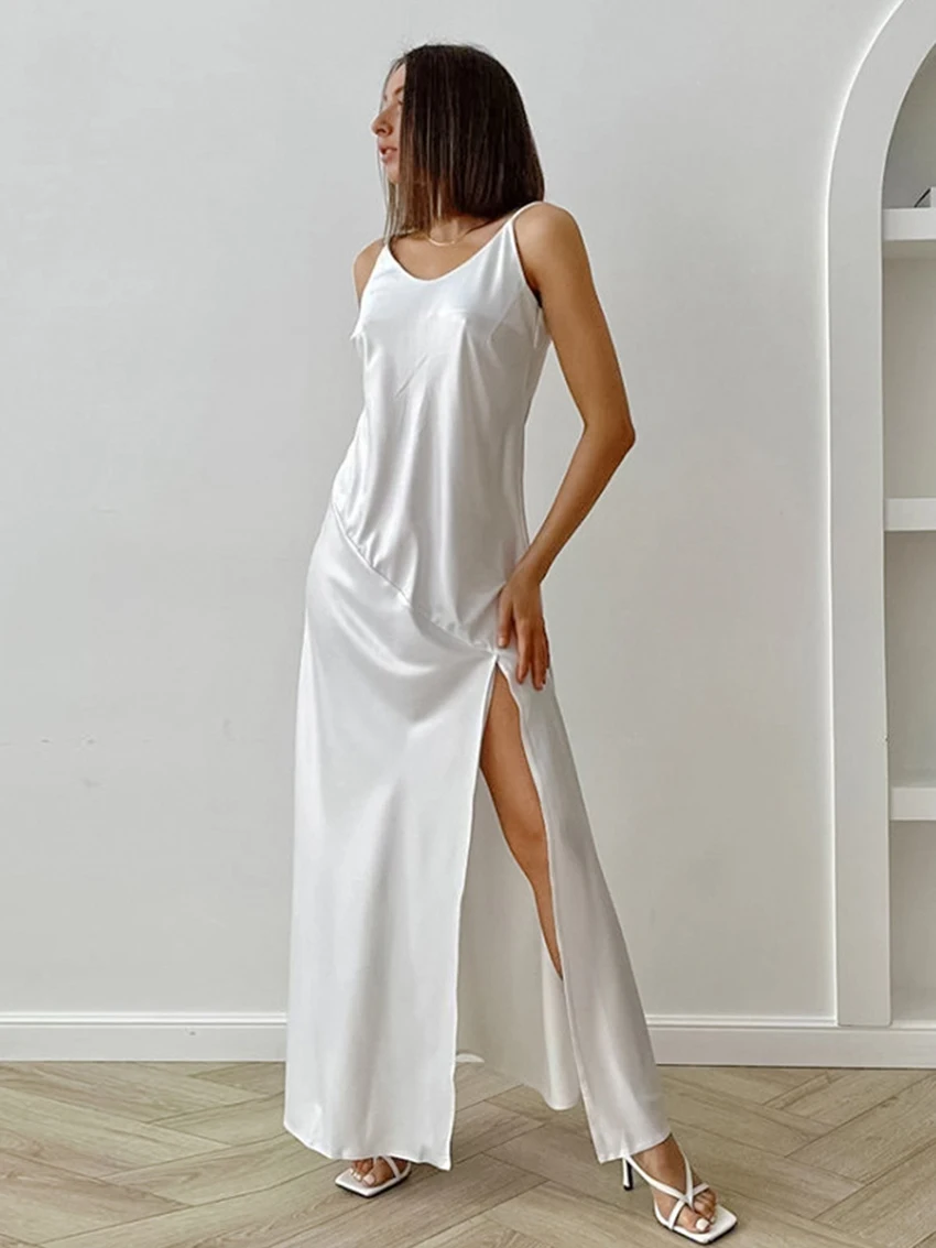 Marthaqiqi Fashion Female Nightwear Sexy Spaghetti Strap Sleepwear Split Pajamas Floor-Length Dress Causal Ladies Nightgowns