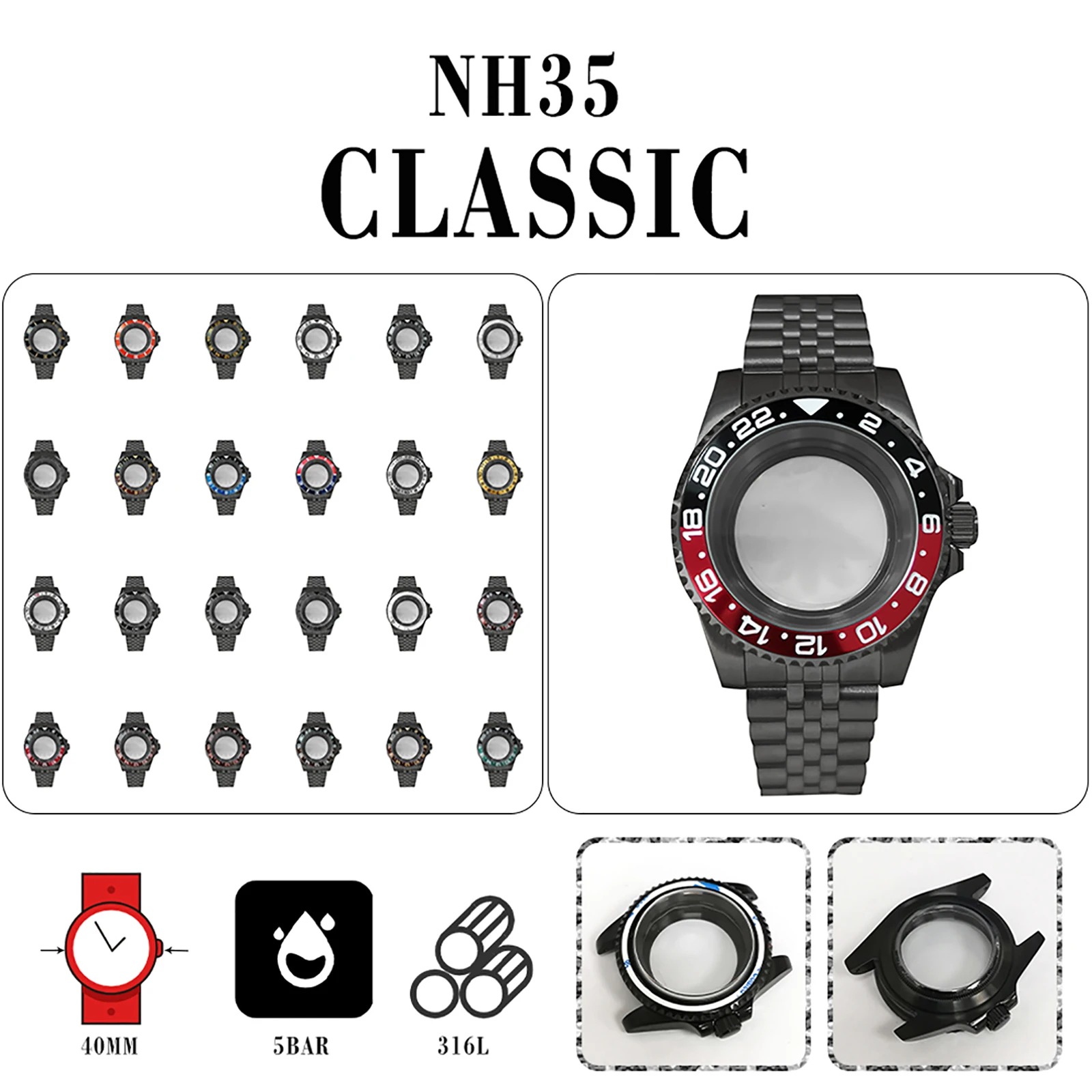 

Black SUB Steel Case Transparent Bottom Jubilee Strap 40MM Sapphire Flat Mirror Glass Classic Dual Color GMT Bezel for NH35/NH36