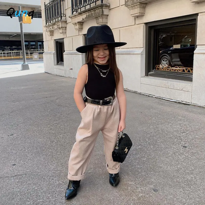 

Qunq Summer Girls Solid O Neck Sleeveless Vest Pullover Top + Pants 2 Pieces Set Fashion Street Casual Kids Clothes Age 3T-8T