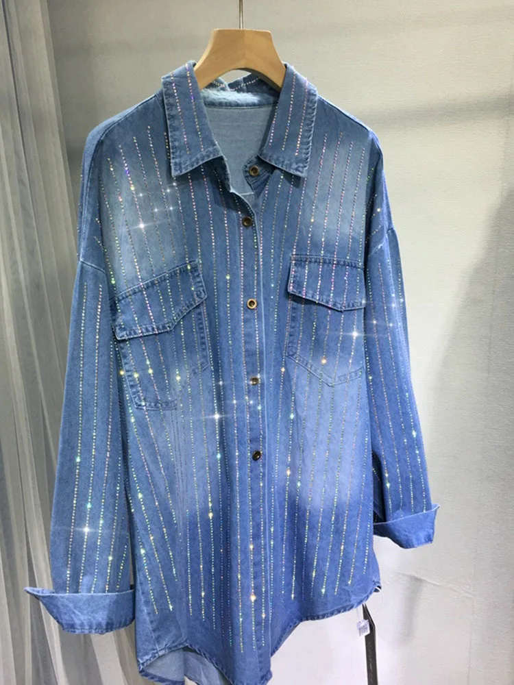 Camisa vaquera de lujo con diamantes de imitación para mujer, Top