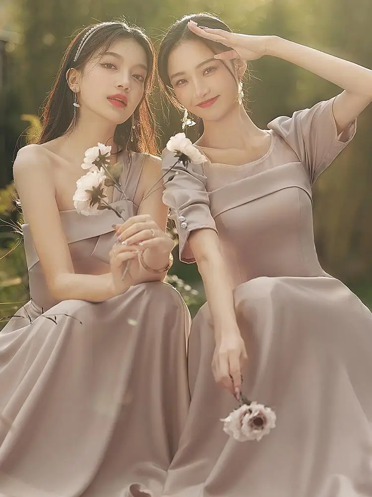 Pink Satin Bridesmaid Dresses For Women New Spring Autumn