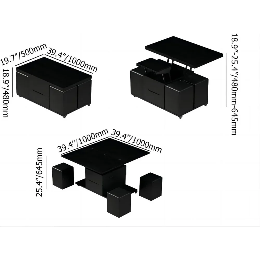 Coffee Table with Hidden Storage, Multifunctional 3-in-1 Tables with 4 Stools and Lockable Wheels, Lift-Top Coffee Table