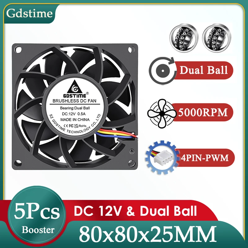 

5Pcs Gdstime 80mm Case Fan DC 12V 80MM*25MM Brushless Cooling Fan Dual Ball 4PIN PWM Adjustable Cooler 8025 for PC CPU Cooling