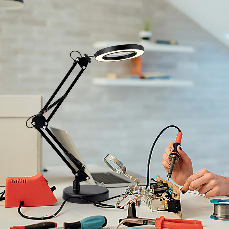 Eye-protecting reading and learning lamp, LED desk lamp for identification and maintenance work, with a foldable magnifying