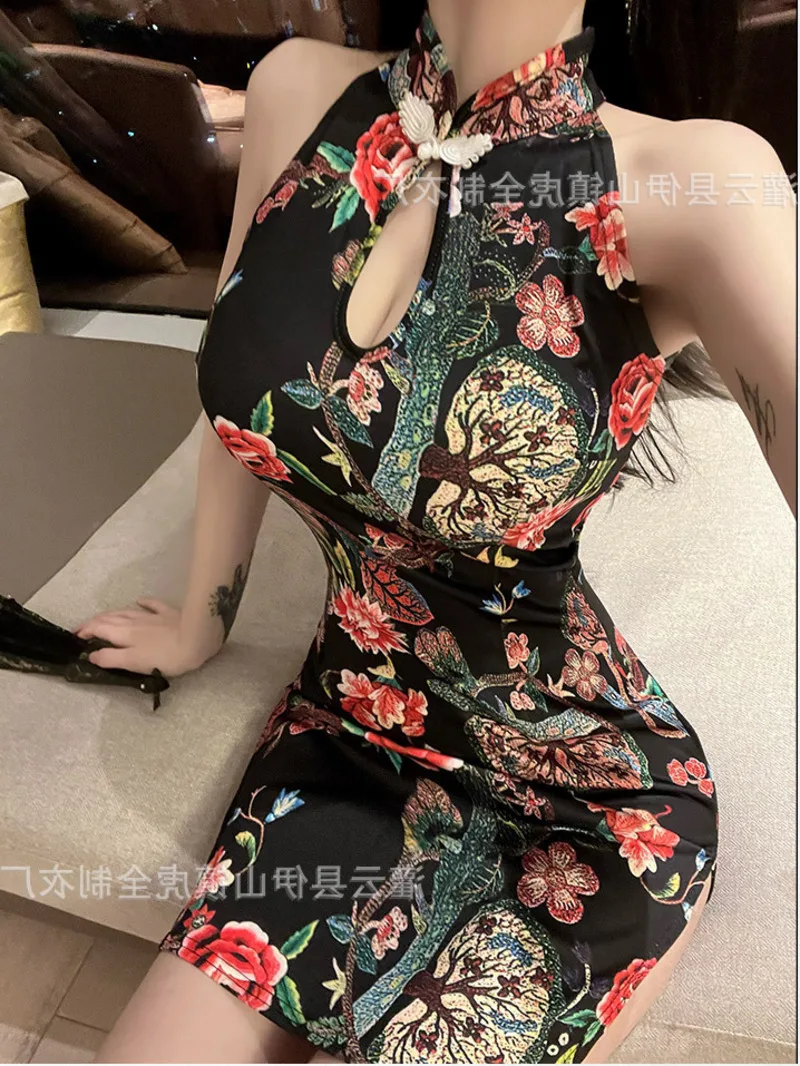 

Sexy New Fashion Mature Lingerie High End Split Sleeveless Printed Cheongsam Nightclub Tight Uniform Temptation Dress Z1CI