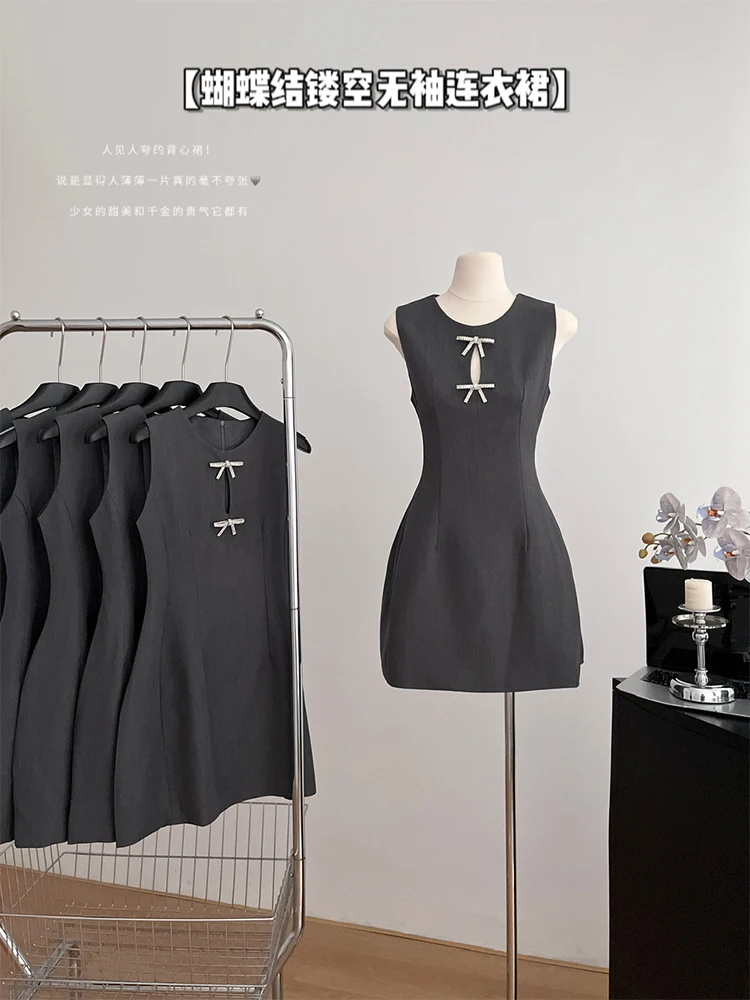 

Summer Bow Vintage Elegant Sleeveless Hollow Out Dress Women Mini A-line Frock Evening Party 2000s One-Piece French Old Money