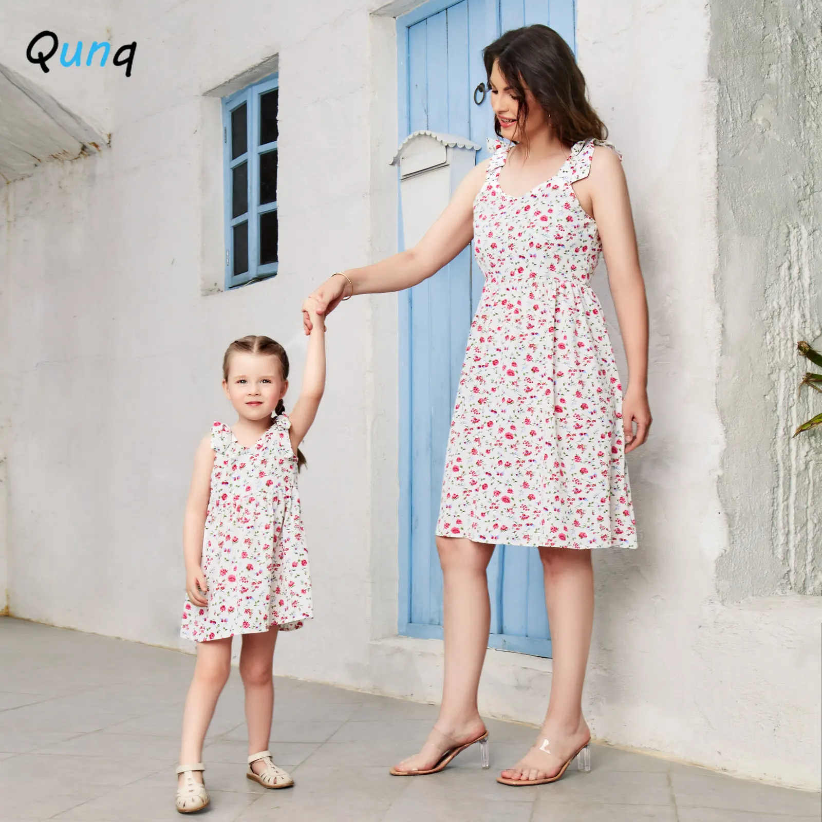 

Qunq Spring Summer New Parent-Child Outfit Lovely V Neck Floral Print Suspender Princess Dress Mom And Daughter Matching Clothes
