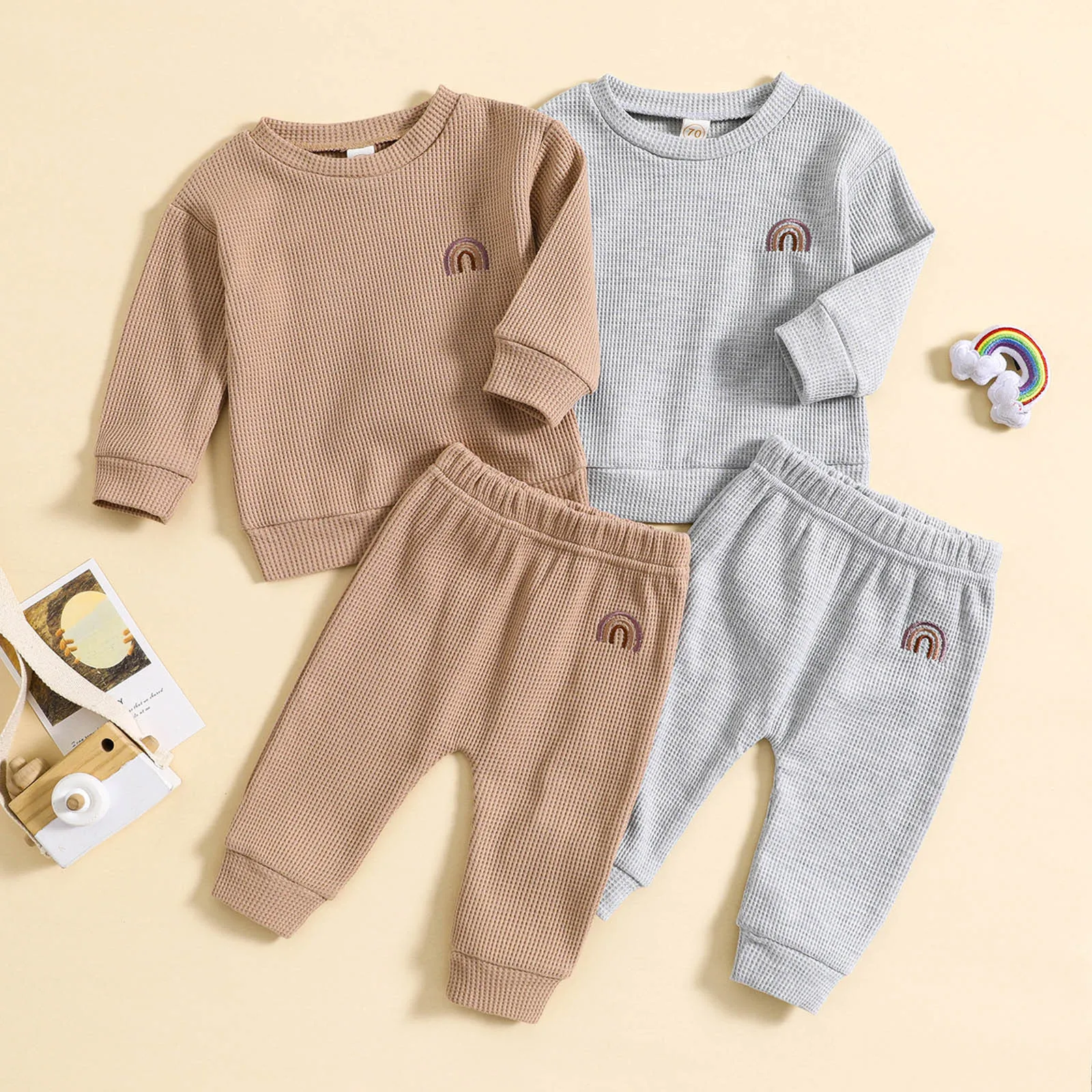 

0-3Y Toddler Infant Newborn Baby Girls Boy Clothes Sets Rainbow Embroidery Long Sleeve Tops Pants Fall Spring Outfits Sweatsuits