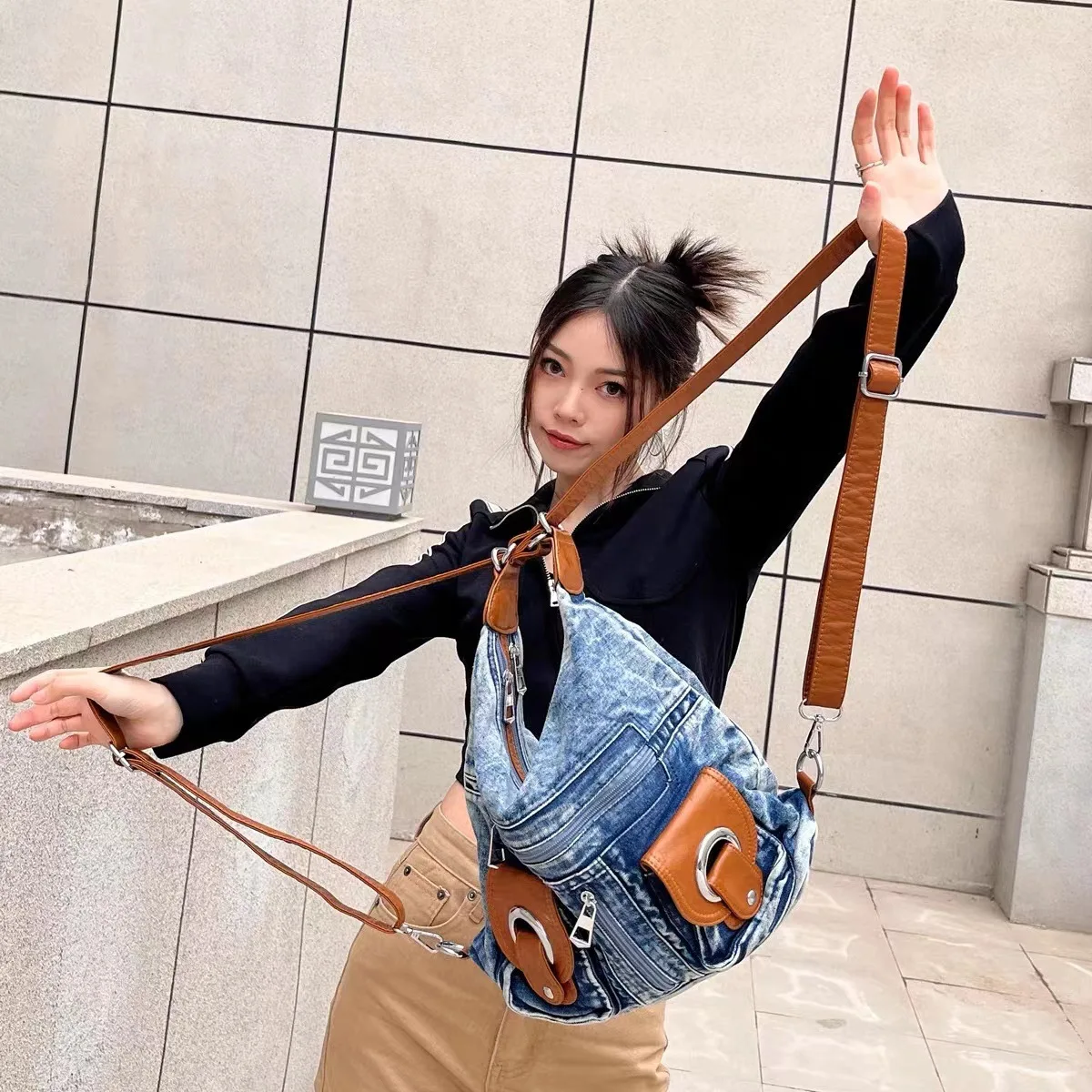 Denim Hobo Bag Women's Retro Shoulder Bag Student Leisure Style_voghion.com