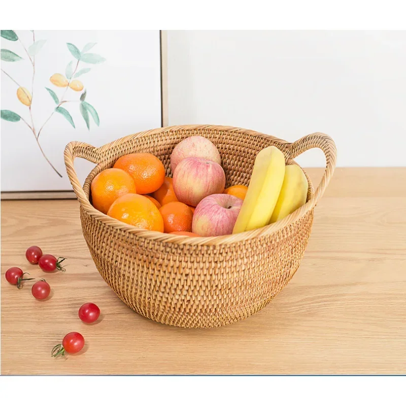 

Handwoven Rattan Storage Tray with Handle, Round Wicker Basket, Bread Food Plate, Fruit Cake Platter, Dinner Serving Tray, New