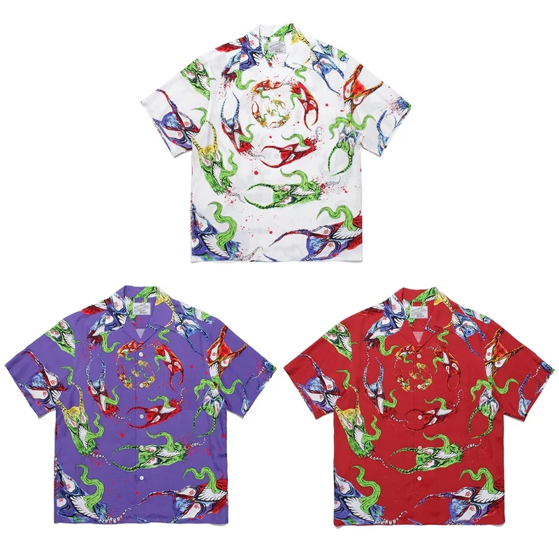 

2023ss New WACKO MARIA Shirt Men Women 1:1 Best Quality Red White Purple Graffiti Short Sleeve Casual Loose Hawaiian Beach Shirt