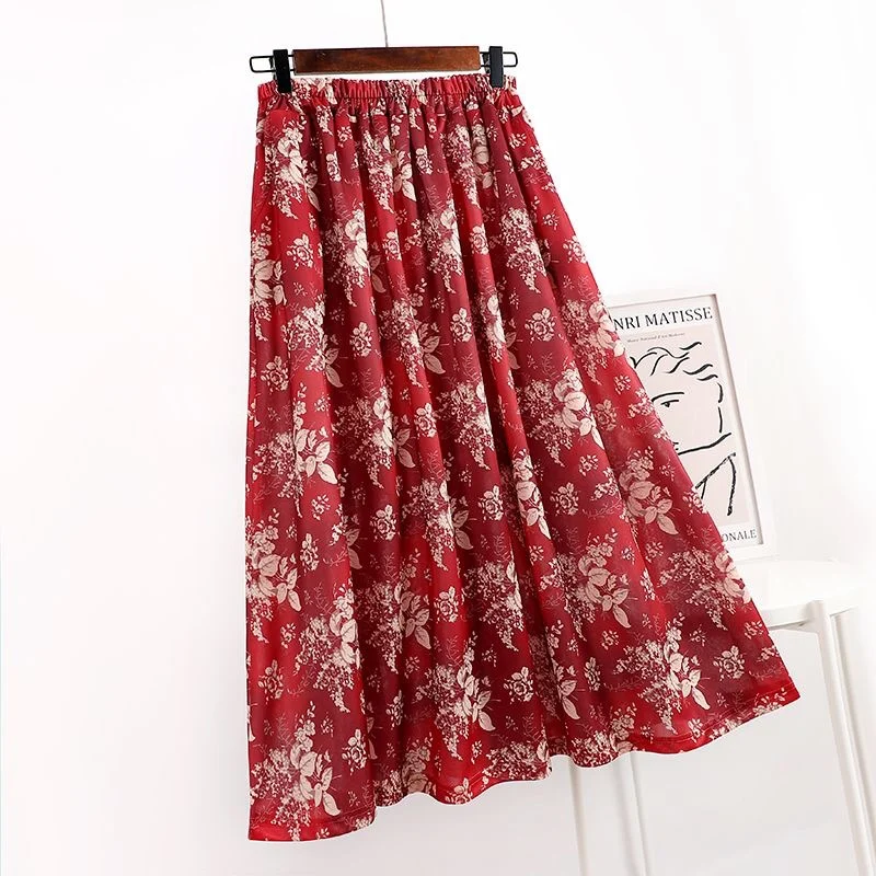 

Women Retro Sweet Red Gold Flower Print Long Skirt Summer Fashion Midiskirt Elastic Waist Skirt Holiday Beach Boho Skirts Sexy