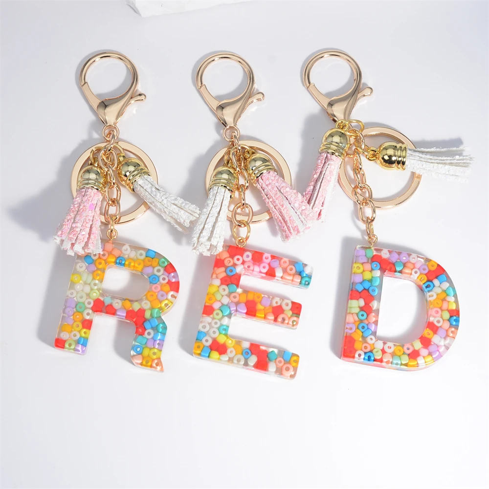 New Epoxy Rice Beads 26 English Letter Keychains Resin M Pendant Ab