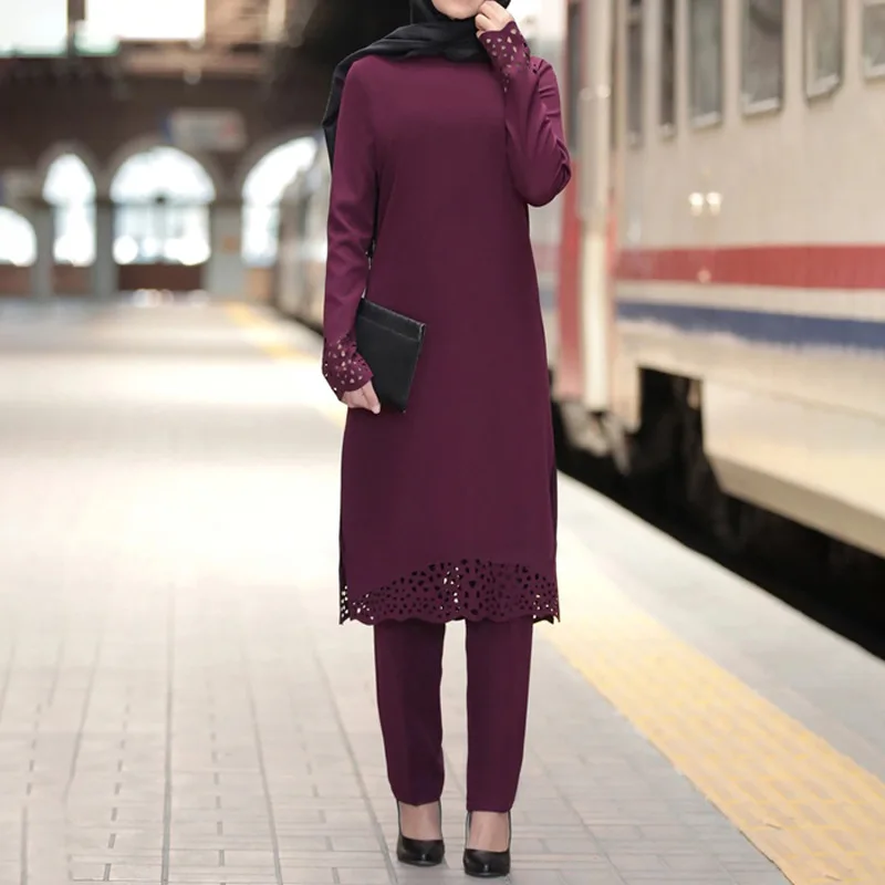 2PCS Abaya Turkey Muslim Islamic Clothing Women\\'s Spring Autumn Blouse Long Pants Long Sleeve Shirts Dress Female Outfits