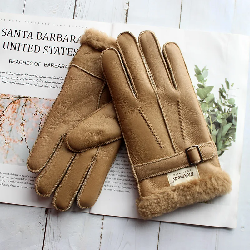 Sheepskin Fur Gloves Men's Thick Winter Warm Large Size Outdoor Windproof Cold Hand Stitching Sewn Leather Finger Gloves warm gloves full finger gloves leather gloves male gloves