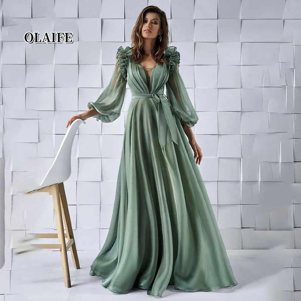 

Gorgeous Deep V Neck Party Dresses Romantic Long Sleeve Evening Dress A-line Puff Sleeves Dresses For Prom Vestidos De Fiesta