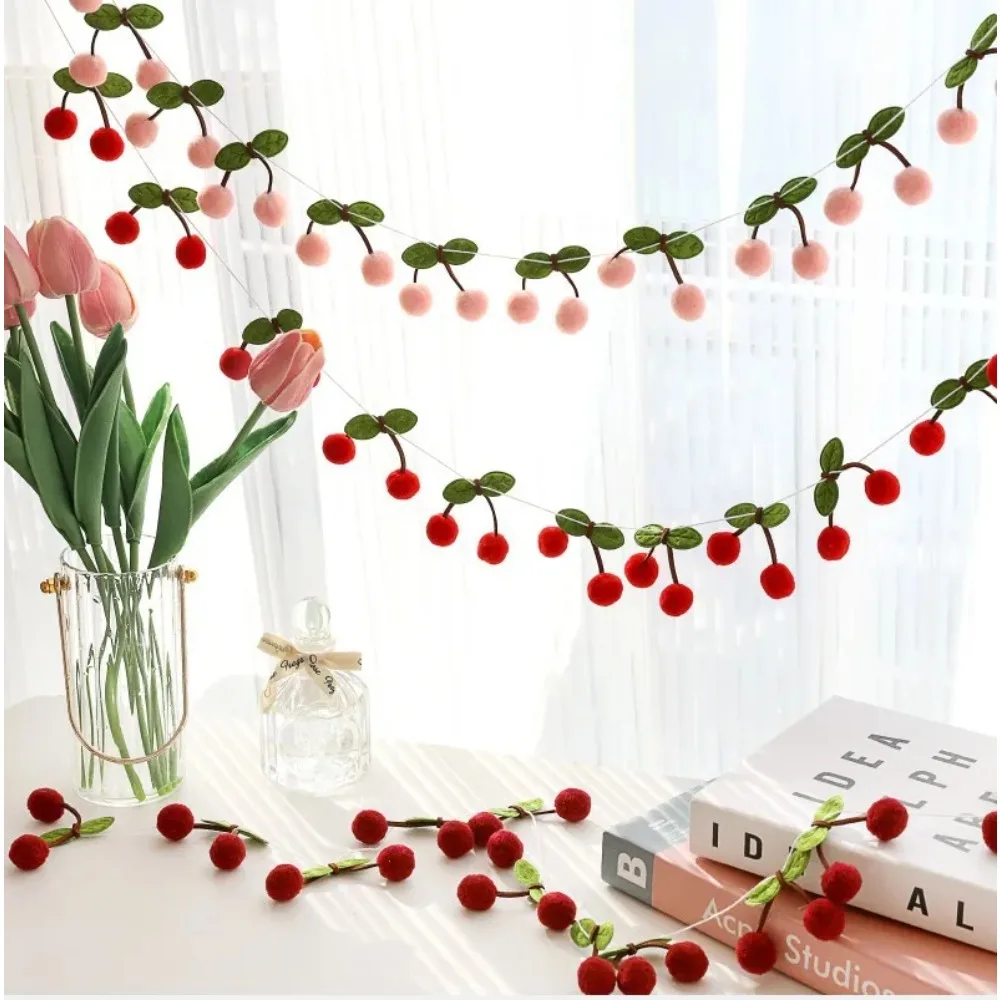 Cherry Felt Ball Handmade Garland String Wall Hanging Ornaments Hair Ball Pendant Kids Room Shower Party Favor اكواب ديزني