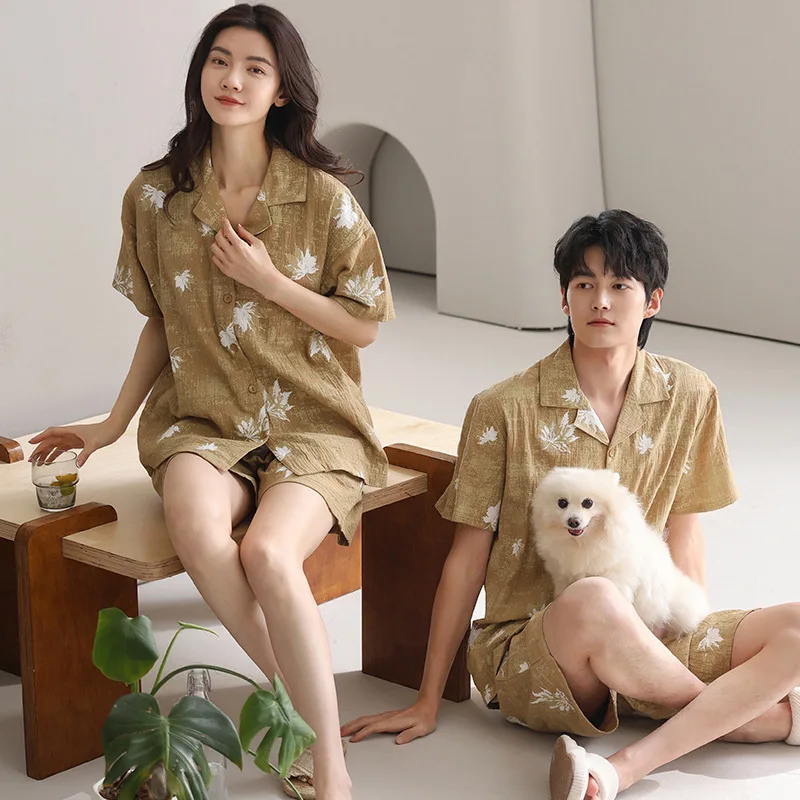 여성과 남성 매칭 코튼 잠옷 커플 여름 잠옷 세트 카디건 반팔 반바지 잠옷 Hombre Mujer Dropship