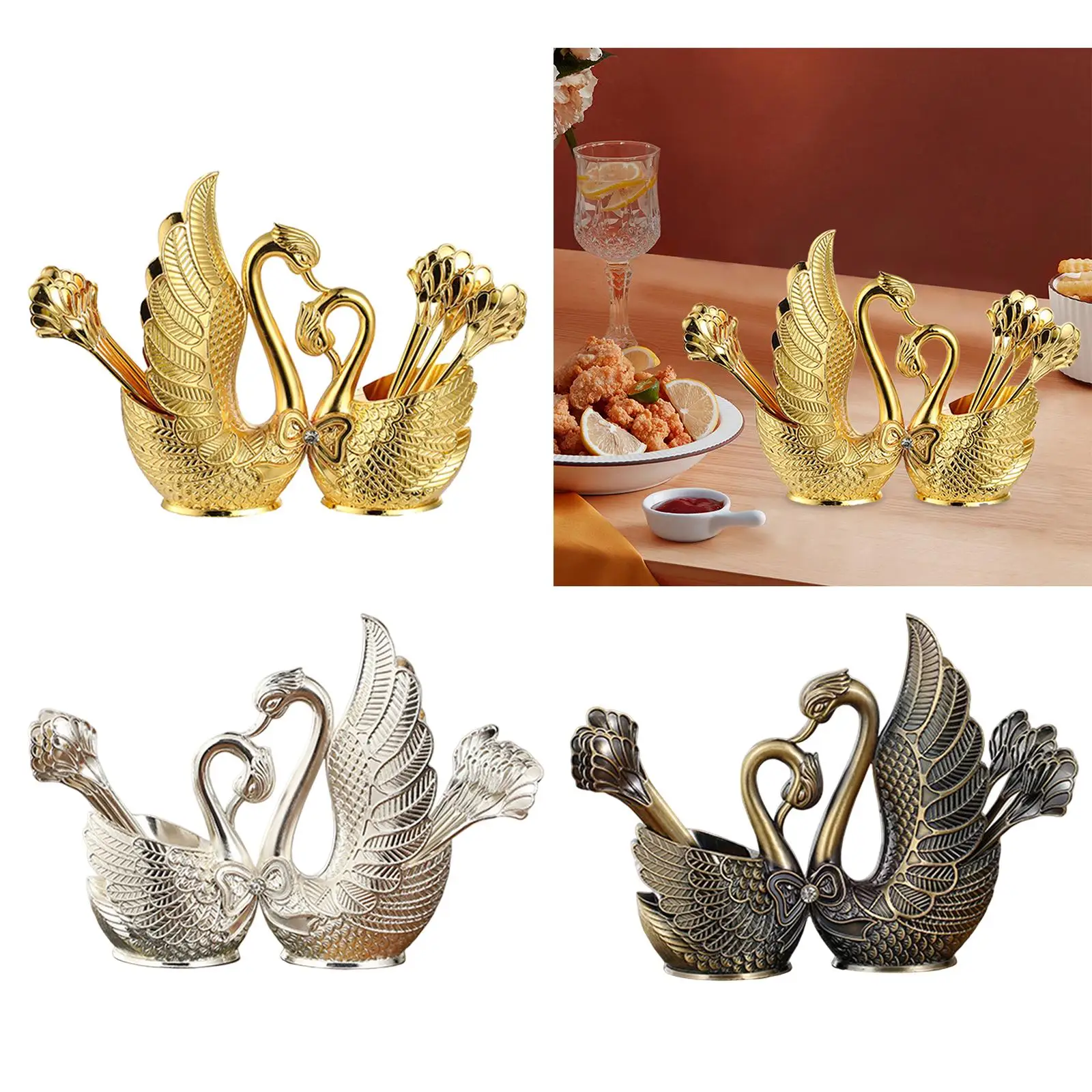 Swan Base Holder 6 Forks and 6 Spoons Cake Spoon Teaspoons Flatware Set Rack for Fruit Dessert Coffee Ice Cream Cake
