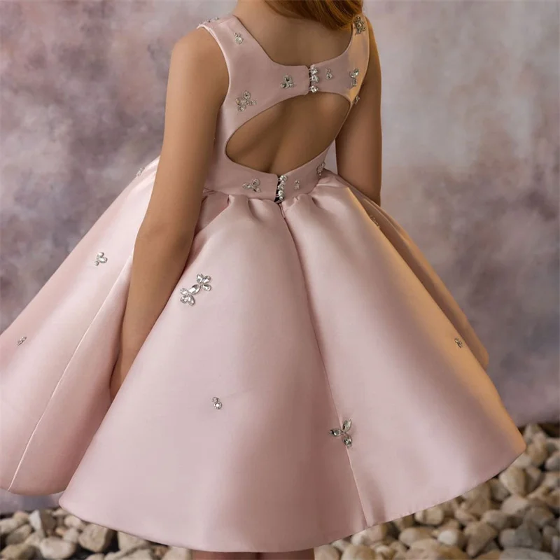 Kids Princess Satin Pearls Crystals Flower Girl Dress Children First Communion Dress Ball Gown Wedding Party Birthday Show
