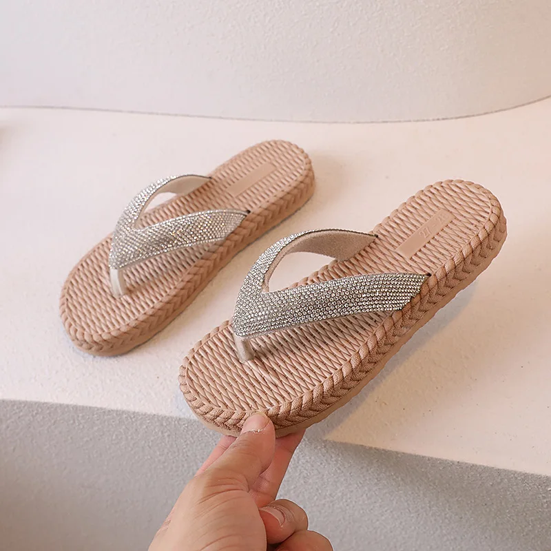 Girls Summer Herringbone Slippers Korean Style Comfortable Beach Shoes