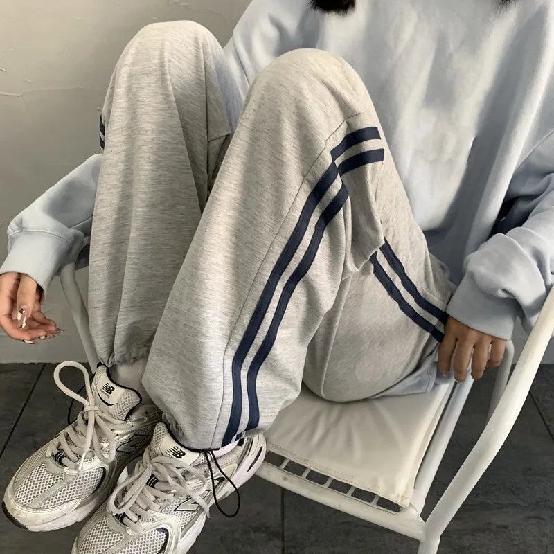 Casual Sweatpants Women Korean Style Classic Sports Pants Oversize Summer Joggers Baggy Gray Black Striped Wide Trousers