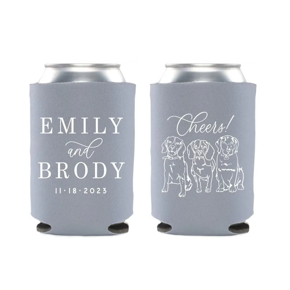 

Wedding Can Cooler #214R - Custom Pet Illustration - Cheers - Wedding Favors, Beverage Holder, Wedding Favor, Can Holder, Can